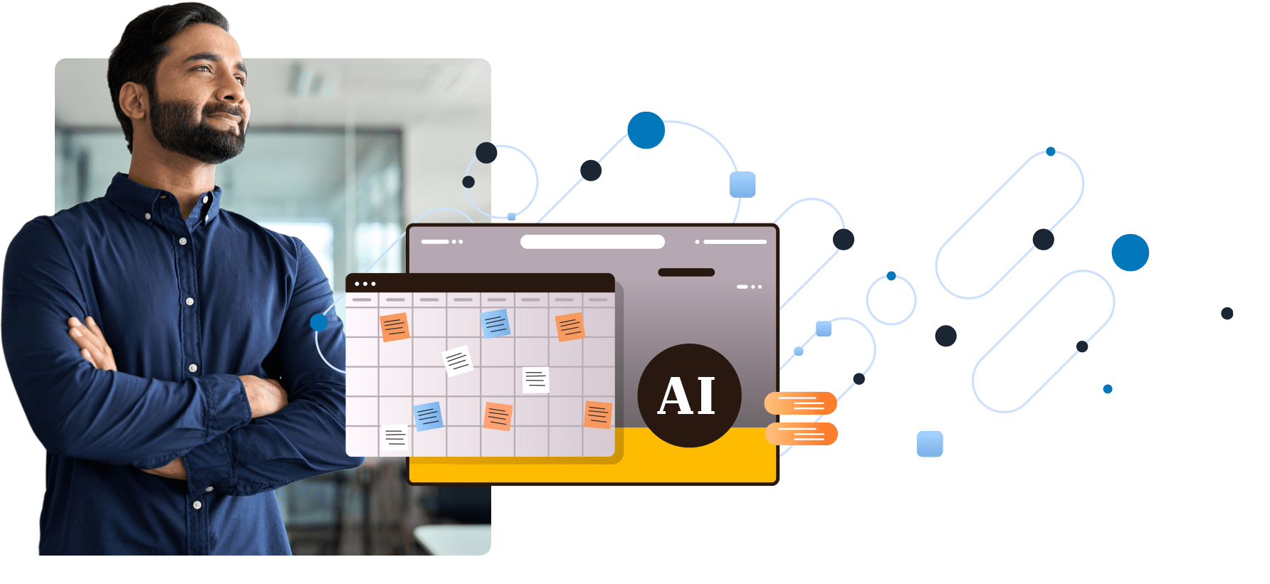 Confident man in office with AI calendar AI B2B page hero