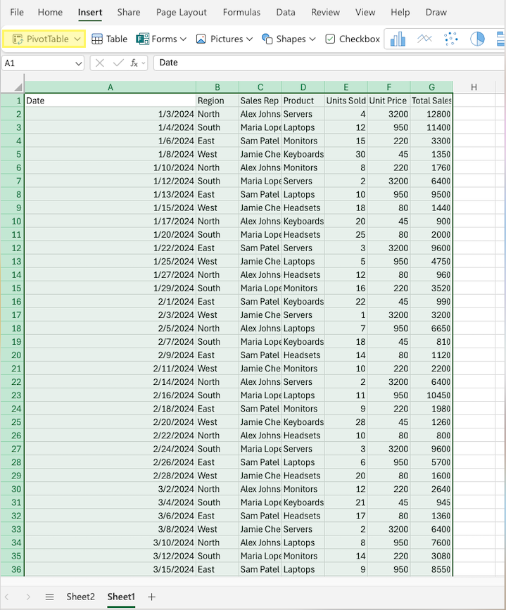 Step 3: Insert a PivotTable from the Ribbon Menu
