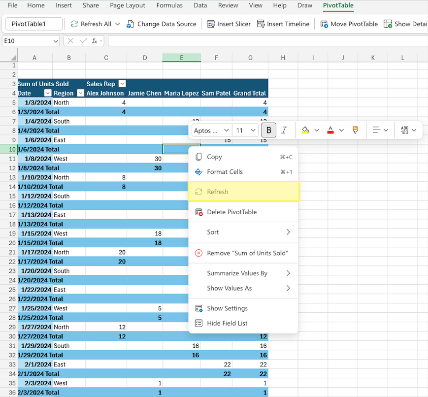 Step 9: Refresh the PivotTable When Source Data Changes
