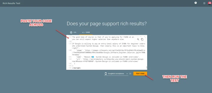 test your schema code in rich results with google
