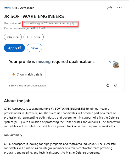 junior engineer role in huntsville low applicants