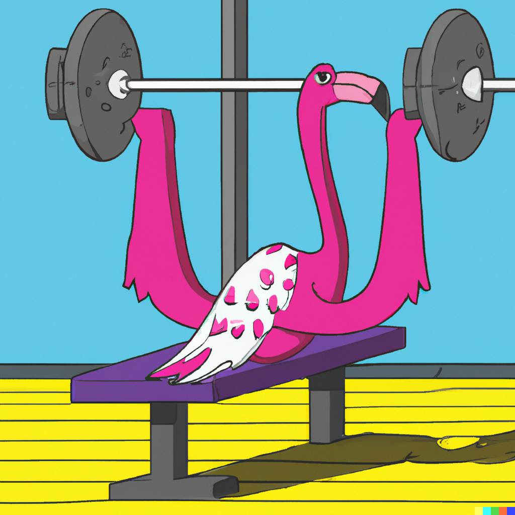 DALL·E 2022-12-02 11.16.34 - a flamingo performing a bench press in a weightlifting gym