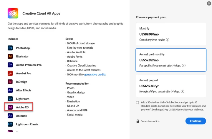 adobe xd pricing