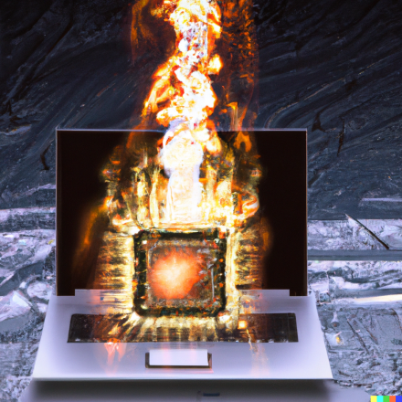An artificial intelligence system being born out of a computer with flames coming out of it