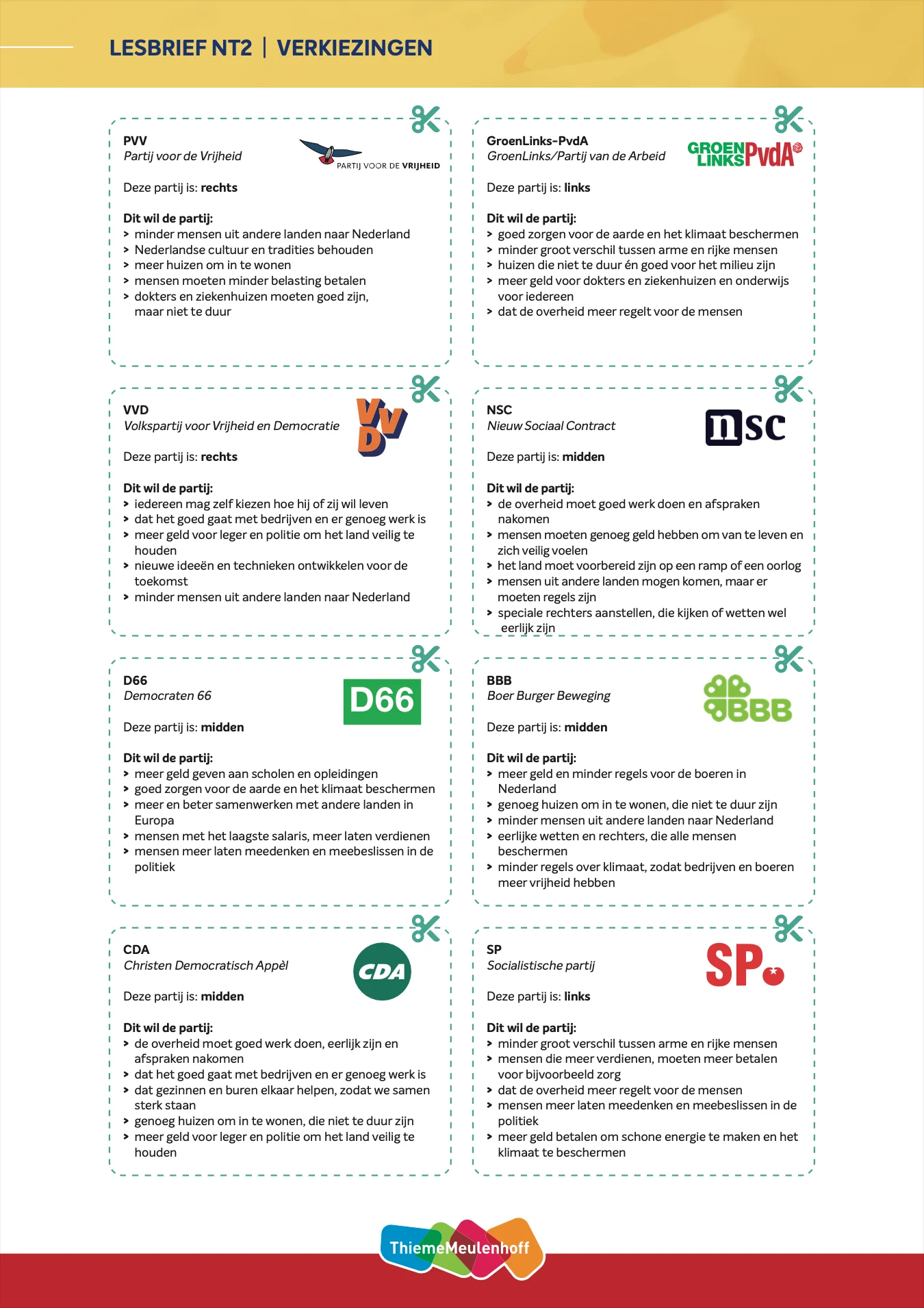 NT2 Lesbrief verkiezingen - kaartjes partijen