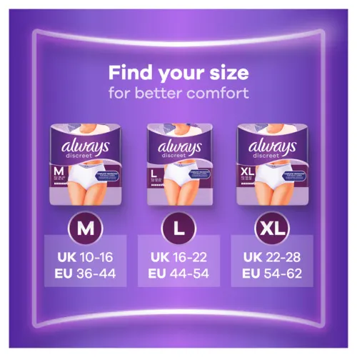 Size chart for M, L, and XL with corresponding sizes for UK and EU.