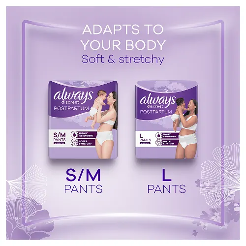 Always Discreet postpartum pants available in sizes S/M and L
