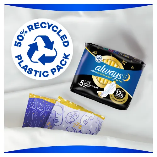 50% recycled plastic pack of Always Ultra Secure Night Extra pads with wings