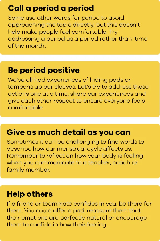 How to talk about your period: call a period a period, give as much detail as you can, be period positive and help others