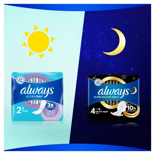 Always Ultra Long (Size 2) sanitary pads for day and Always Ultra Secure Night (Size 4) sanitary pads for night