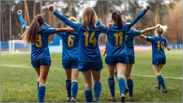 Young female football team celebrating together