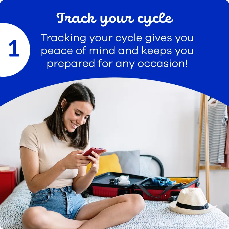 Woman looking down at her phone smiling with the text track your menstrual cycle
