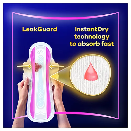 InstantDry technology to absorb fast with Always Platinum Secure Night Extra (Size 5) sanitary pads with wings
