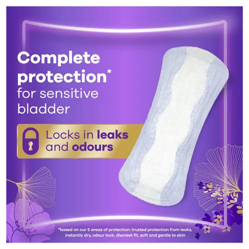 Liner on purple background with text "complete protection for sensitive bladder".