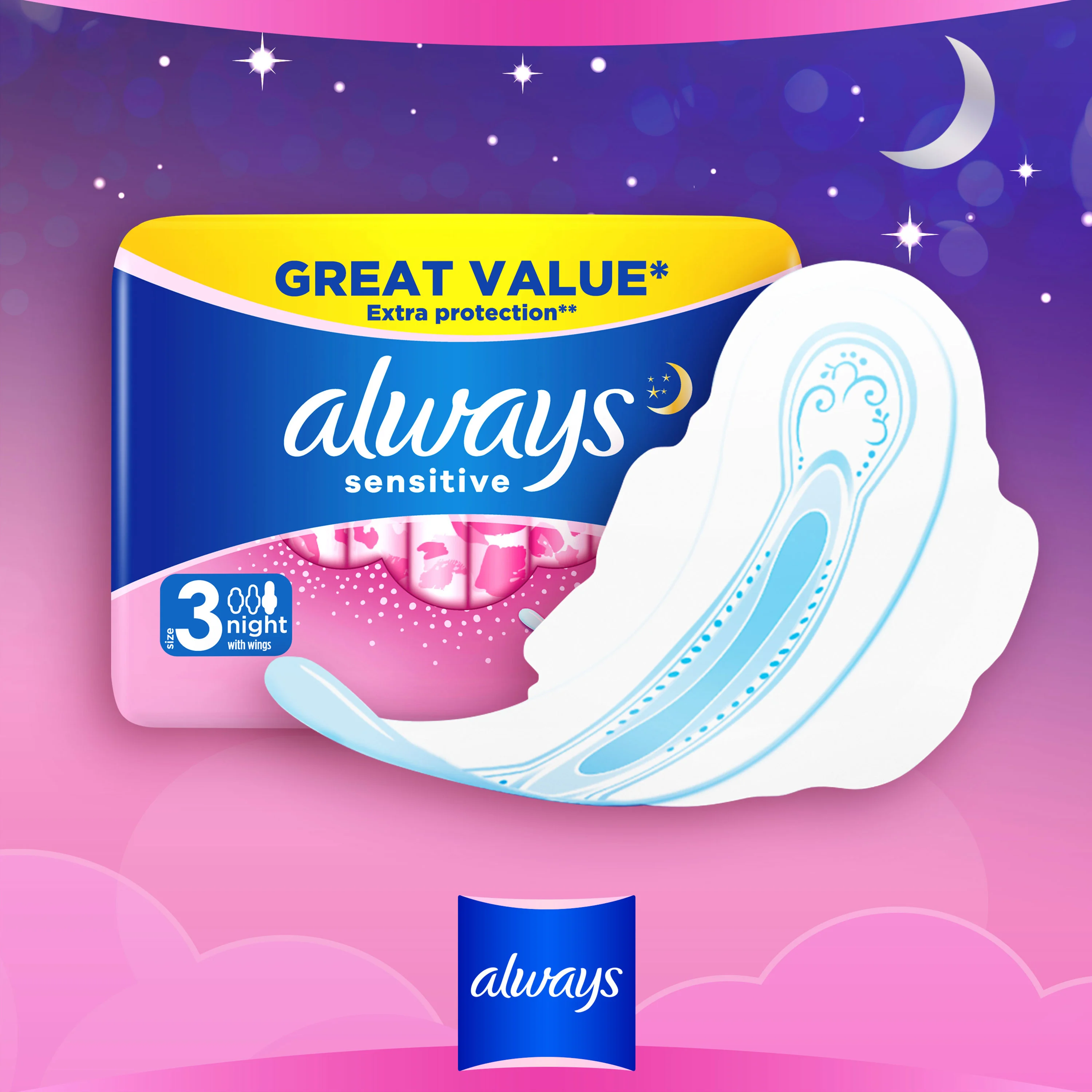 Always Sensitive Ultra Night (Size 3) sanitary pad with wings