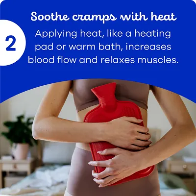 Hands holding a hot water bottle on the stomach to soothe menstrual cramps