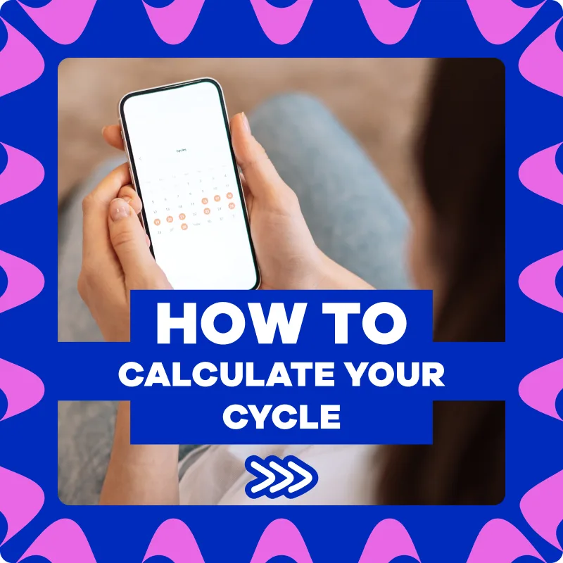Hands holding a smartphone showing a menstrual cycle calendar