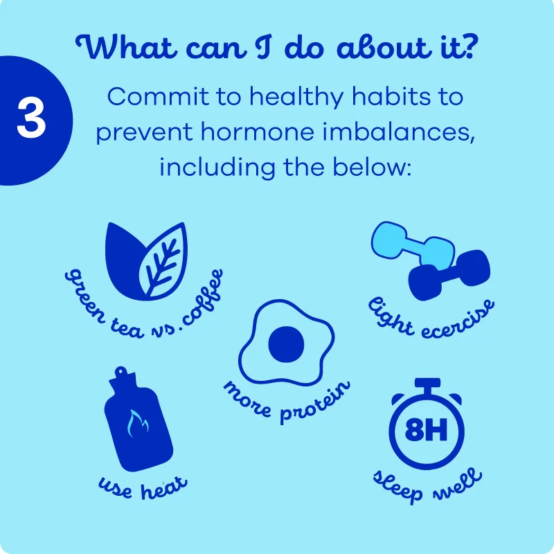 Tips on on to prevent hormone imbalances including green tea vs. coffee,use heat, more protein, light exercise and sleep well