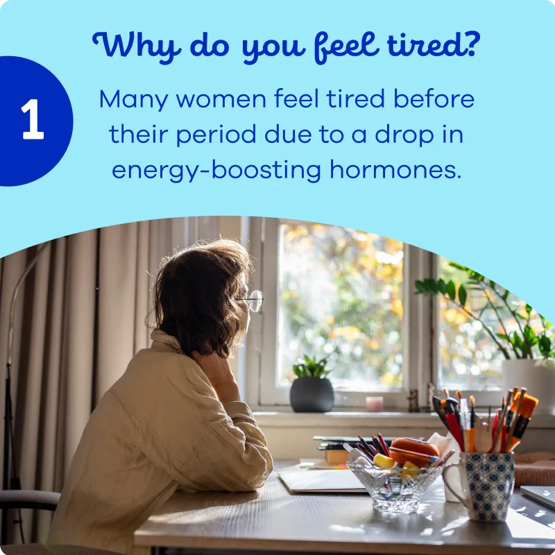 Woman sitting at a desk looking out the window with the message why do you feel tired before period