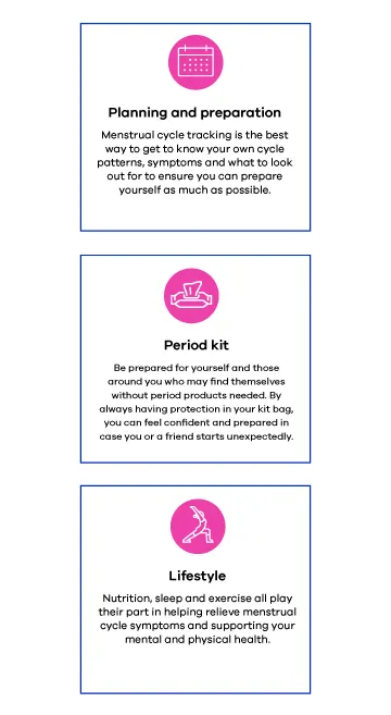 Planning and preparation - Menstrual cycle tracking is the best way to get to know your own cycle patterns, symptoms and what to look out for ensure you can prepare yourself as much as possible; Period kit - Be prepared for yourself and those around you who may find themselves without period products needed; Lifestyle -Nutrition, sleep and exercise all play their part in helping relieve menstrual cycle symptoms and supporting your mental and physical health