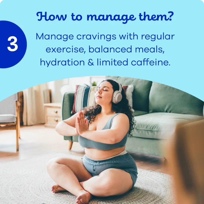 Woman sitting on the floor in a meditation pose, exercising to manage period cravings