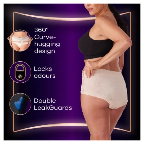 Woman wearing pants that have a 360° snug fit design, Double LeakGuards, and lock odours.
