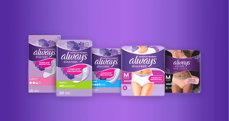 Range of Always Discreet Products on a purple gradient background