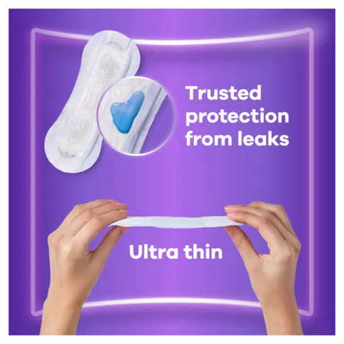 Hands holding ultra thin pad that provides trusted protection from leaks.