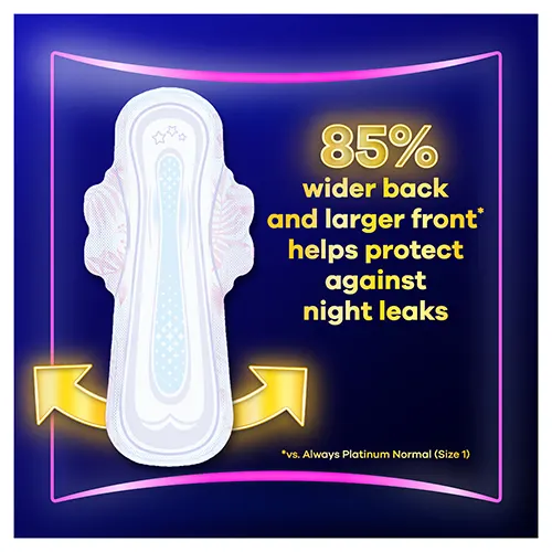 Always Platinum Secure Night Extra (Size 5) sanitary pads with wings offer protection against night leaks thanks to the 85% wider back and larger front