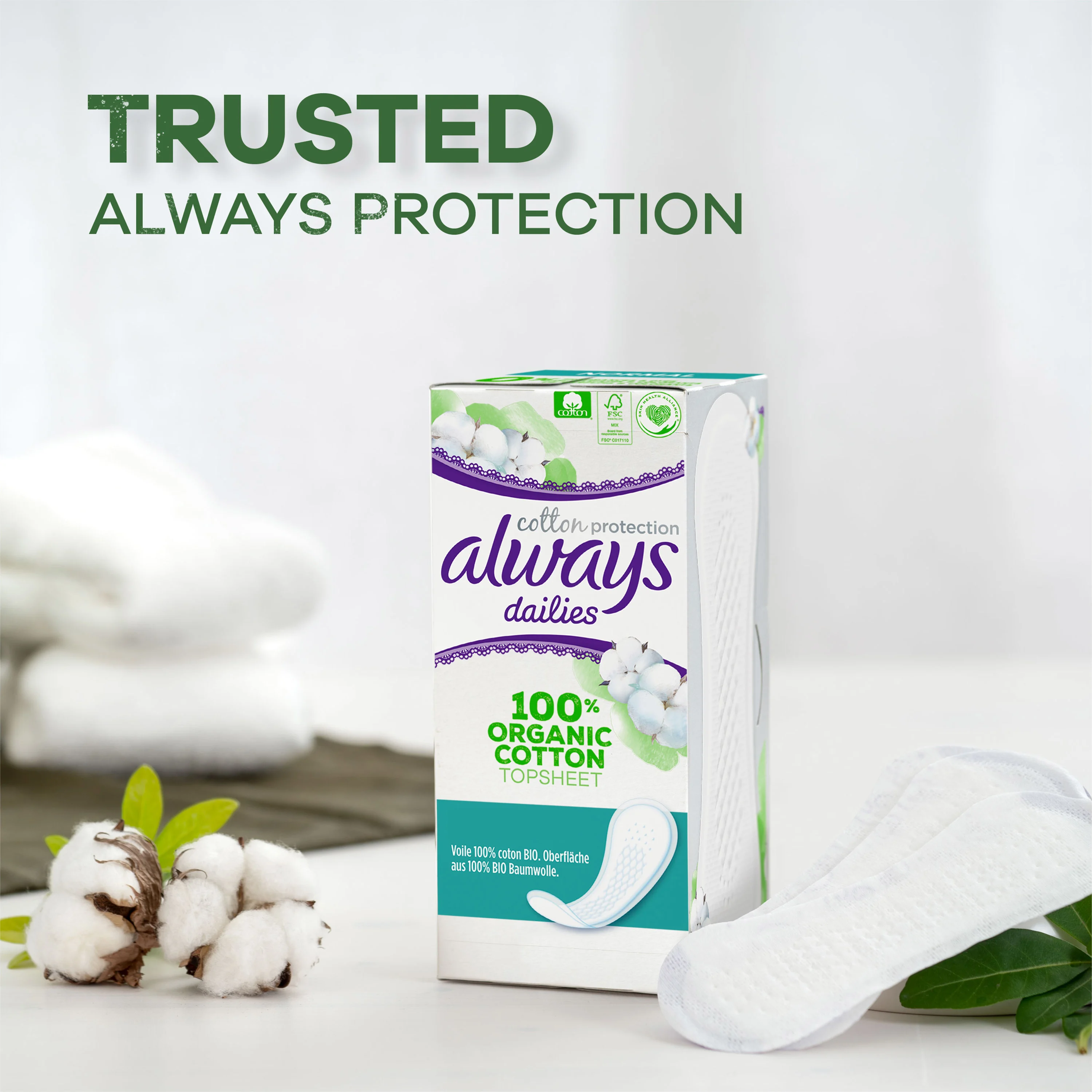 Always Dailies Cotton Protection pantyliners trusted protection with a 100% organic cotton topsheet