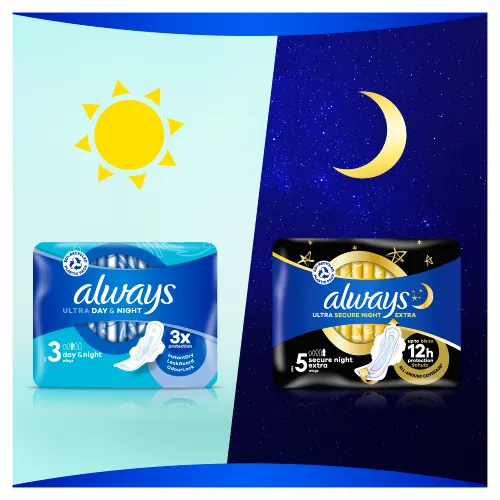 Always Ultra Day & Night (Size 3) sanitary pads for day and Always Ultra Secure Night Extra (Size5) sanitary pads for night