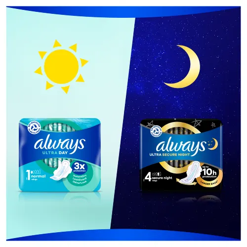 Always Ultra Normal (Size 1) sanitary pads with wings for day and Always Ultra Secure Night (Size 4) sanitary pads for night
