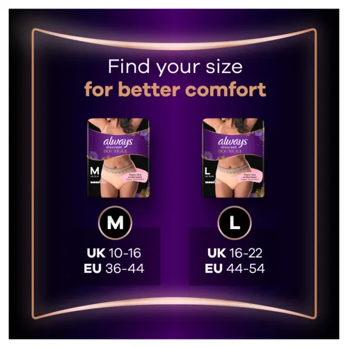 Size chart displaying UK and EU sizes equivalent to M and L sizes.