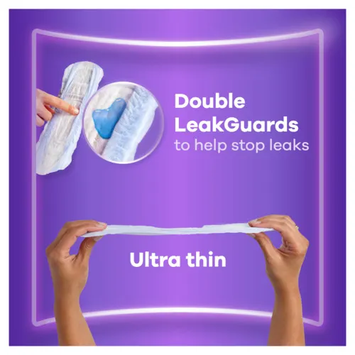 Hands holding ultra thin pad whose Double LeakGuards help stop leaks.