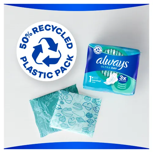 50% recycled plastic pack of Always Ultra Day Normal sanitary pads with wings