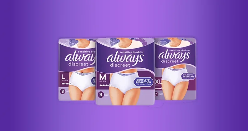 Always Discreet Incontinence Pants packs on a purple gradient background