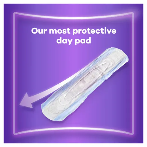 Pad with arrow signifying it's Always Discreet's most protective day pad.
