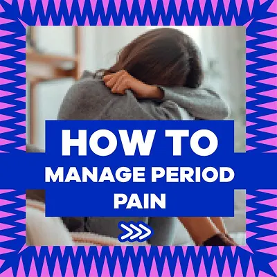 Head on knees woman with text how to manage period pain