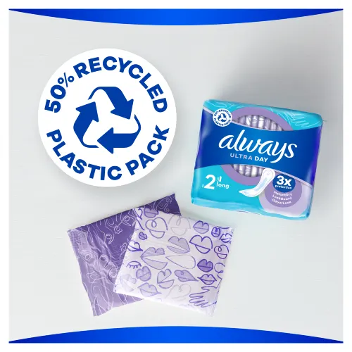 50% recycled plastic pack of Always Ultra Long sanitary pads