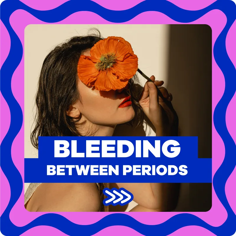Woman covering her face with a flower introducing the topic of bleeding between periods