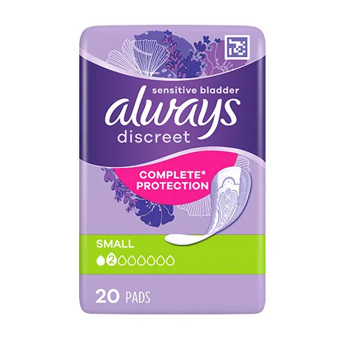 Always Discreet small pads, sensitive bladder, 2 drops, 20 count, without wings, complete protection. Plastic pack front panel in purple, Always logo dark purple.