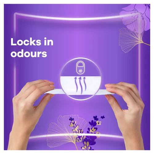 Hands holding liner and lock illustration showing liner locks odours in seconds.