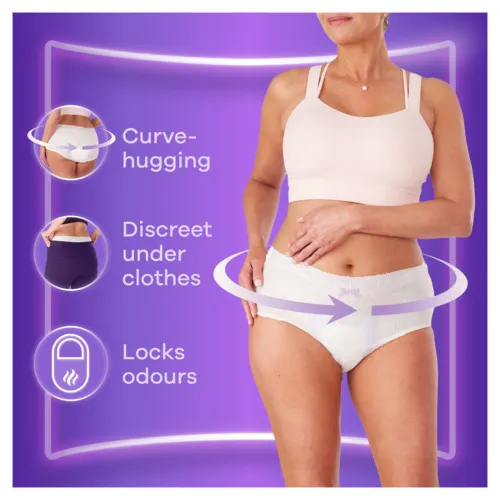 Woman in pants that are discreet under clothes, have a snug fit, and lock odours.