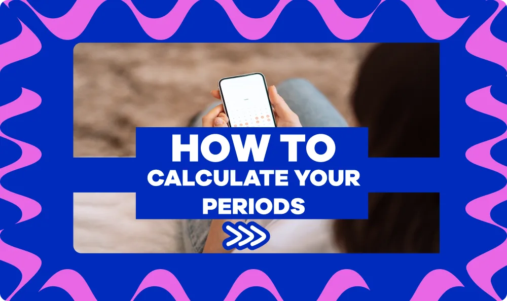 Hands holding a smartphone showing a menstrual cycle calendar
