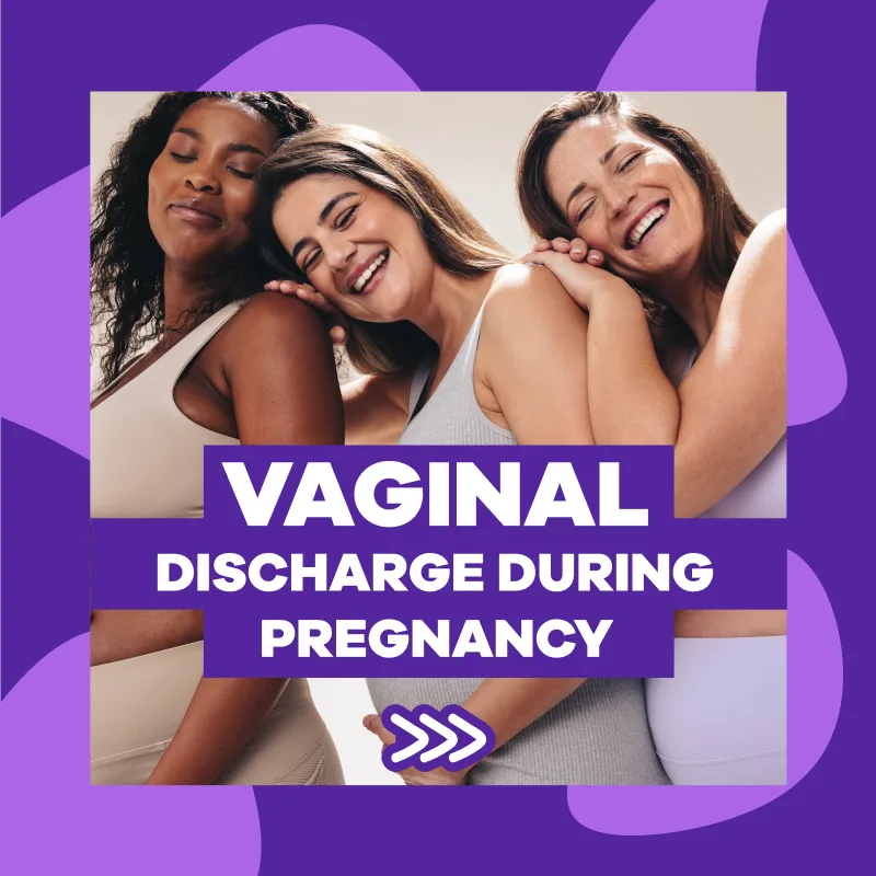 Three women resting on each other's shoulder for the topic of vaginal discharge during pregnancy