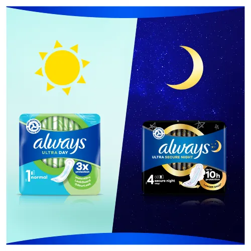 Always Ultra Normal (Size 1) sanitary pads for day and Always Ultra Secure Night (Size 4) sanitary pads for night
