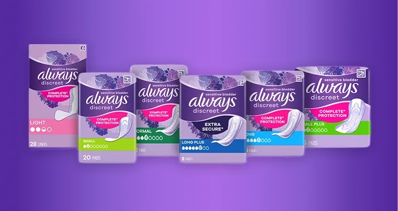 Always Discreet Pads and Liners on purple gradient background