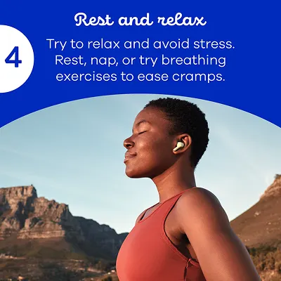 Woman breathing next to the text rest and relax to avoid menstrual cramps