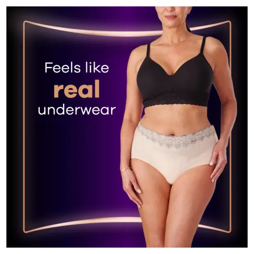 Woman wearing Always Discreet Boutique Pants that feel like real underwear.