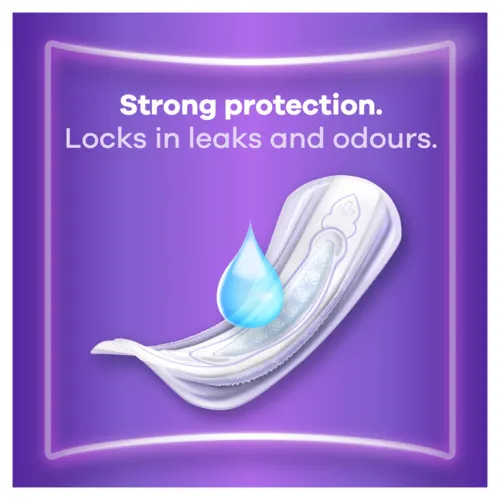 Pad with illustrated drop above core to show the pad locks leaks and odours.
